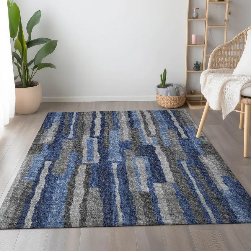 Blue Ivory And Gray Abstract Washable Area Rug With UV Protection Photo 6
