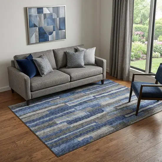 Blue Ivory And Gray Abstract Distressed Washable Area Rug With UV Protection Photo 1