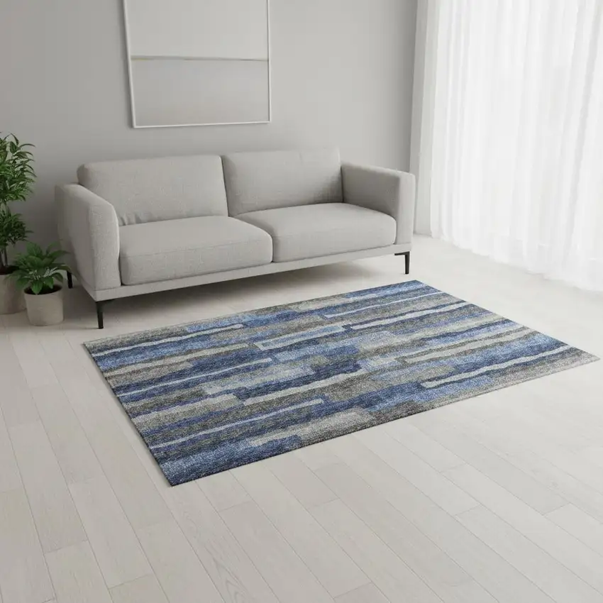 Blue Ivory And Gray Abstract Washable Area Rug With UV Protection Photo 1