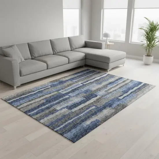 Blue Ivory And Gray Abstract Washable Area Rug With UV Protection Photo 2
