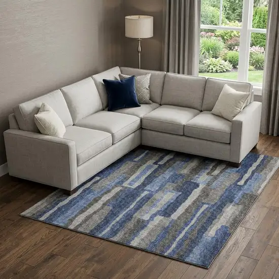 Blue Ivory And Gray Abstract Distressed Washable Area Rug With UV Protection Photo 1