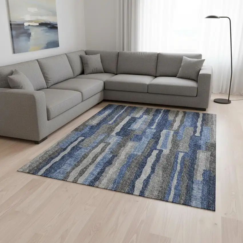 Blue Ivory And Gray Abstract Washable Area Rug With UV Protection Photo 1
