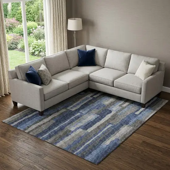 Blue Ivory And Gray Abstract Distressed Washable Area Rug With UV Protection Photo 1