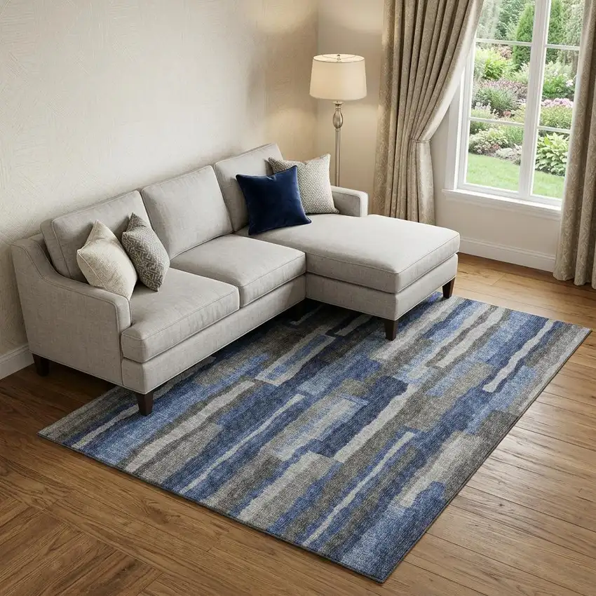 Blue Ivory And Gray Abstract Distressed Washable Area Rug With UV Protection Photo 1