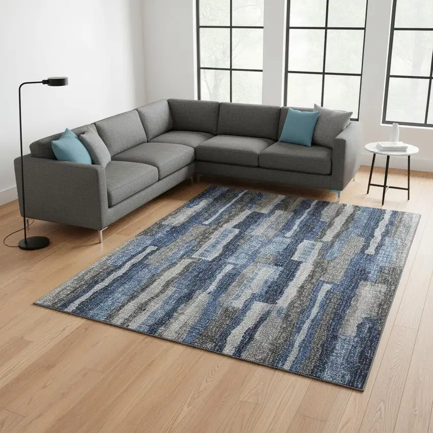 Blue Ivory And Gray Abstract Washable Area Rug With UV Protection Photo 1
