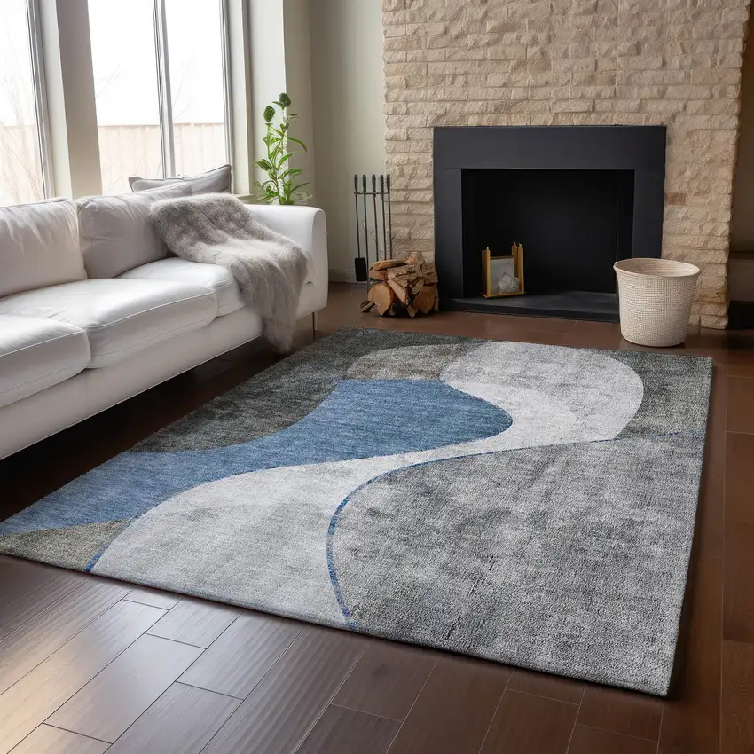 Blue Ivory And Gray Abstract Washable Area Rug With UV Protection Photo 6