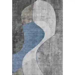 Photo of Blue Ivory And Gray Abstract Washable Area Rug With UV Protection