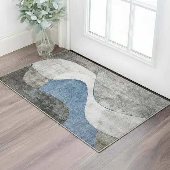 Blue Ivory And Gray Abstract Washable Area Rug With UV Protection Photo 2