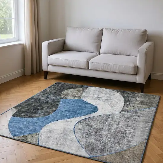 Blue Ivory And Gray Abstract Washable Area Rug With UV Protection Photo 2
