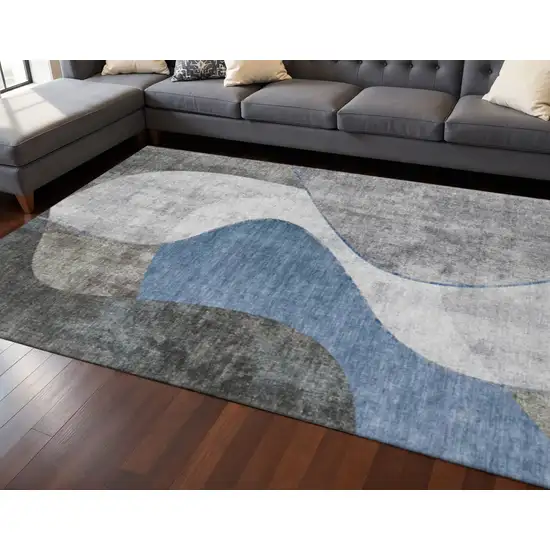 Blue Ivory And Gray Abstract Washable Area Rug With UV Protection Photo 1