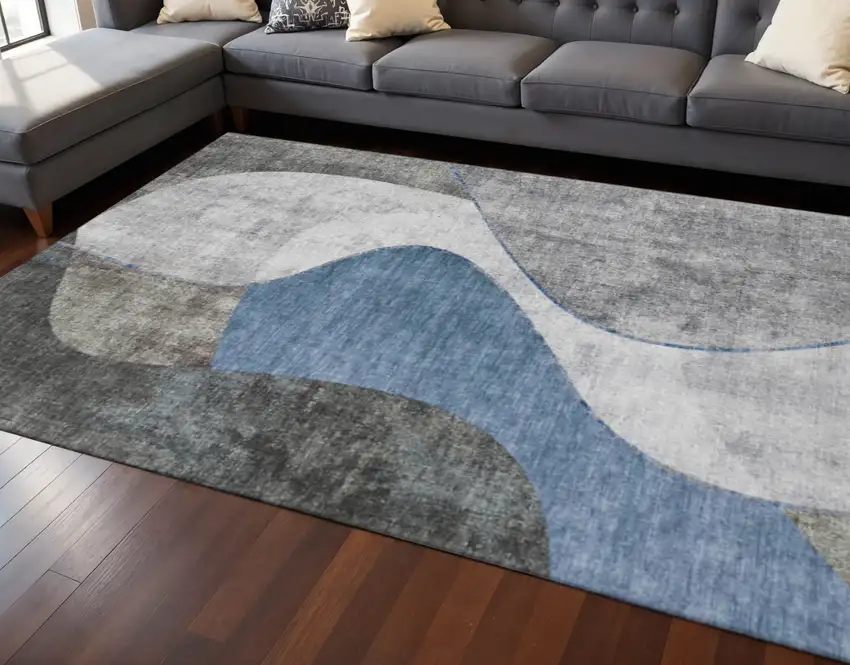 Blue Ivory And Gray Abstract Washable Area Rug With UV Protection Photo 1