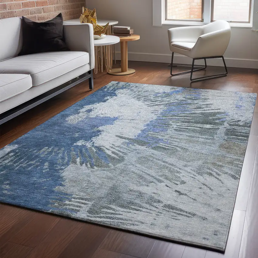 Blue Ivory And Gray Abstract Washable Area Rug With UV Protection Photo 2