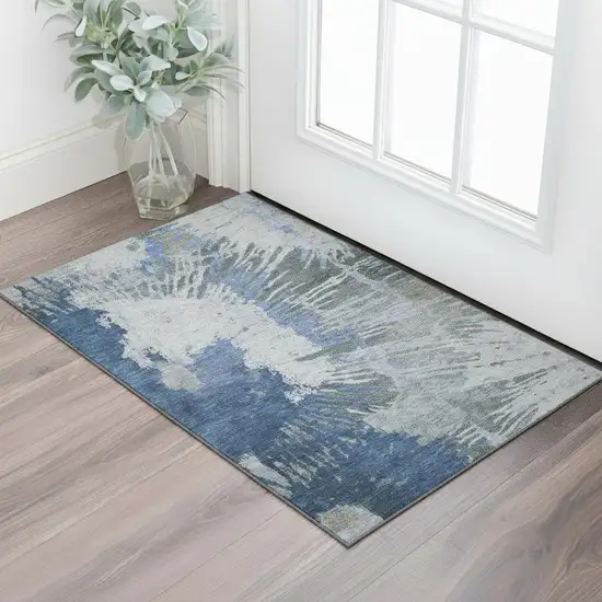 Blue Ivory And Gray Abstract Washable Area Rug With UV Protection Photo 1