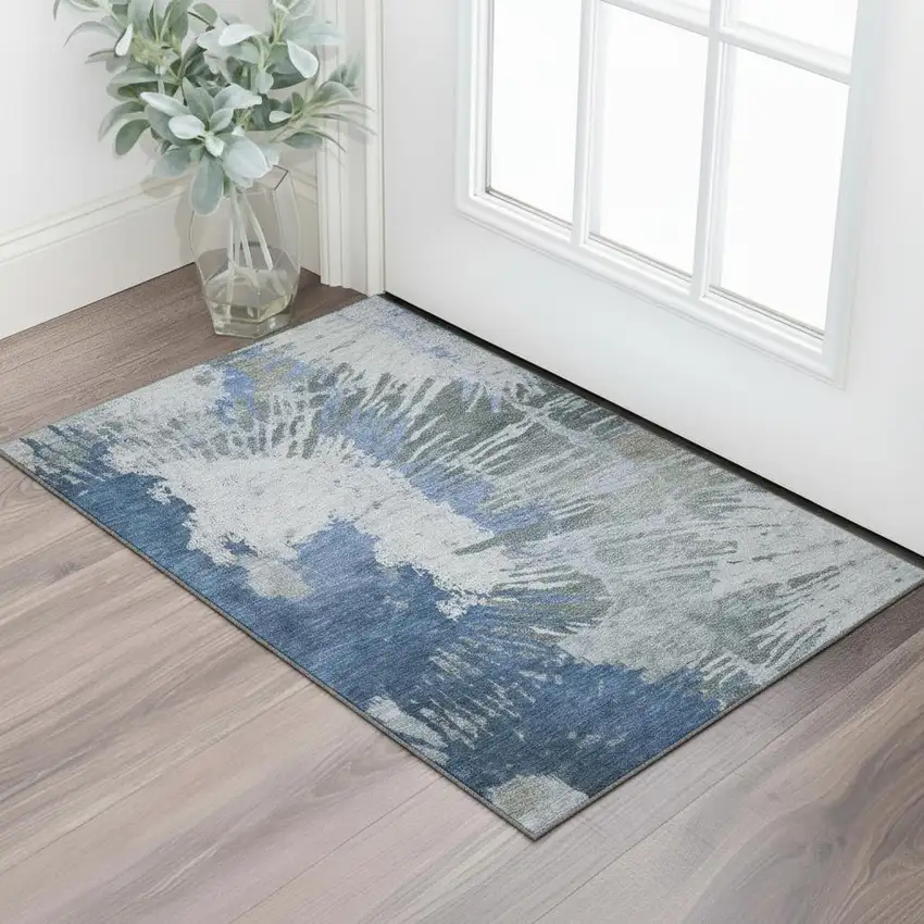 Blue Ivory And Gray Abstract Washable Area Rug With UV Protection Photo 1