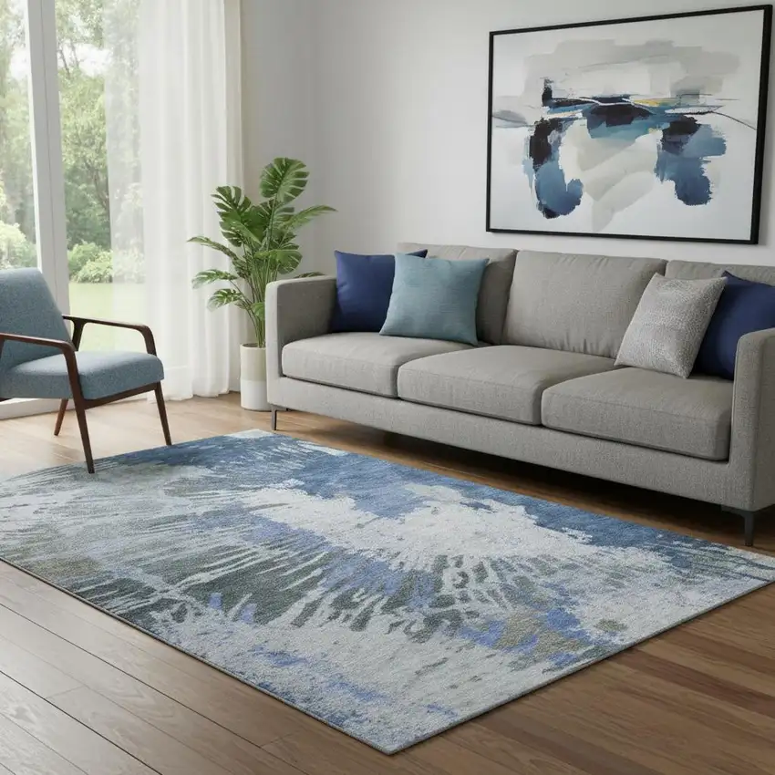 Blue Ivory And Gray Abstract Washable Area Rug With UV Protection Photo 1