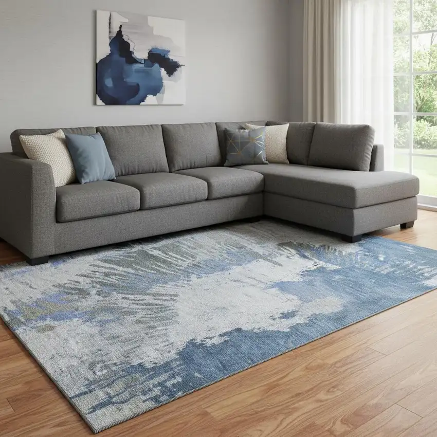 Blue Ivory And Gray Abstract Washable Area Rug With UV Protection Photo 1