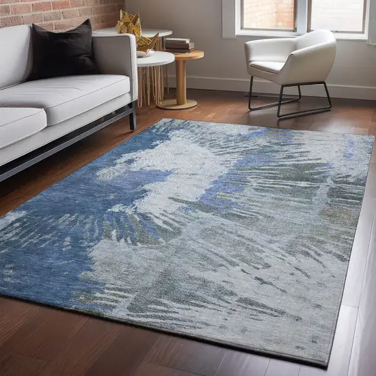 Blue Ivory And Gray Abstract Washable Area Rug With UV Protection Photo 3