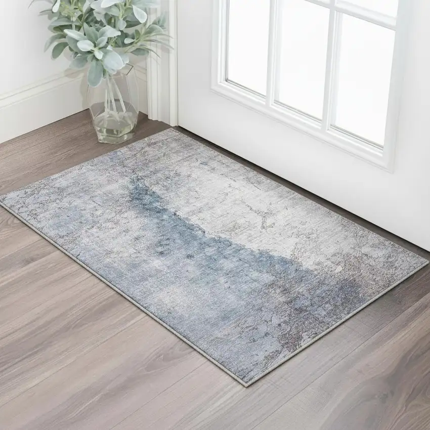 Blue Ivory And Gray Abstract Washable Area Rug With UV Protection Photo 2