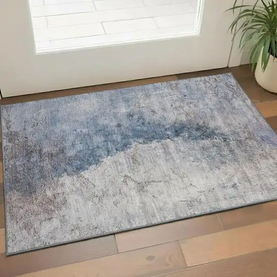 Blue Ivory And Gray Abstract Washable Area Rug With UV Protection Photo 1