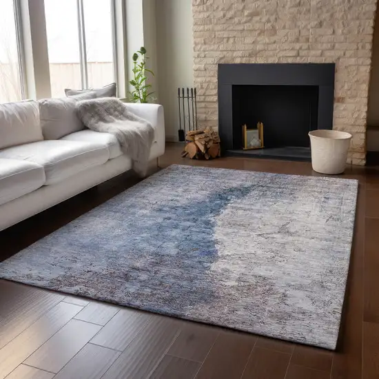 Blue Ivory And Gray Abstract Washable Area Rug With UV Protection Photo 8