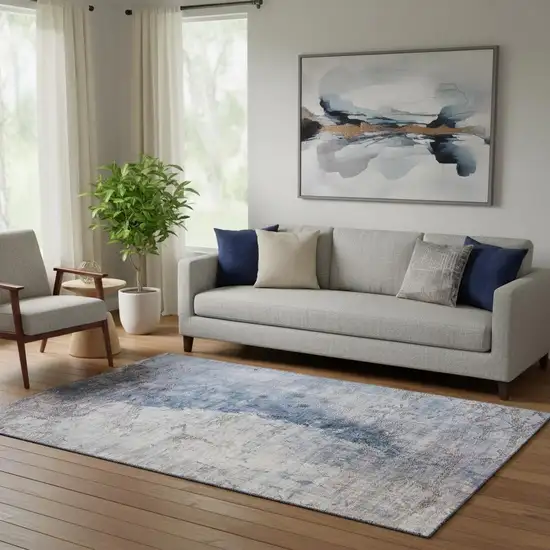 Blue Ivory And Gray Abstract Washable Area Rug With UV Protection Photo 1