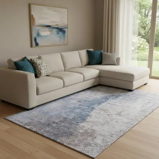 Blue Ivory And Gray Abstract Washable Area Rug With UV Protection Photo 1
