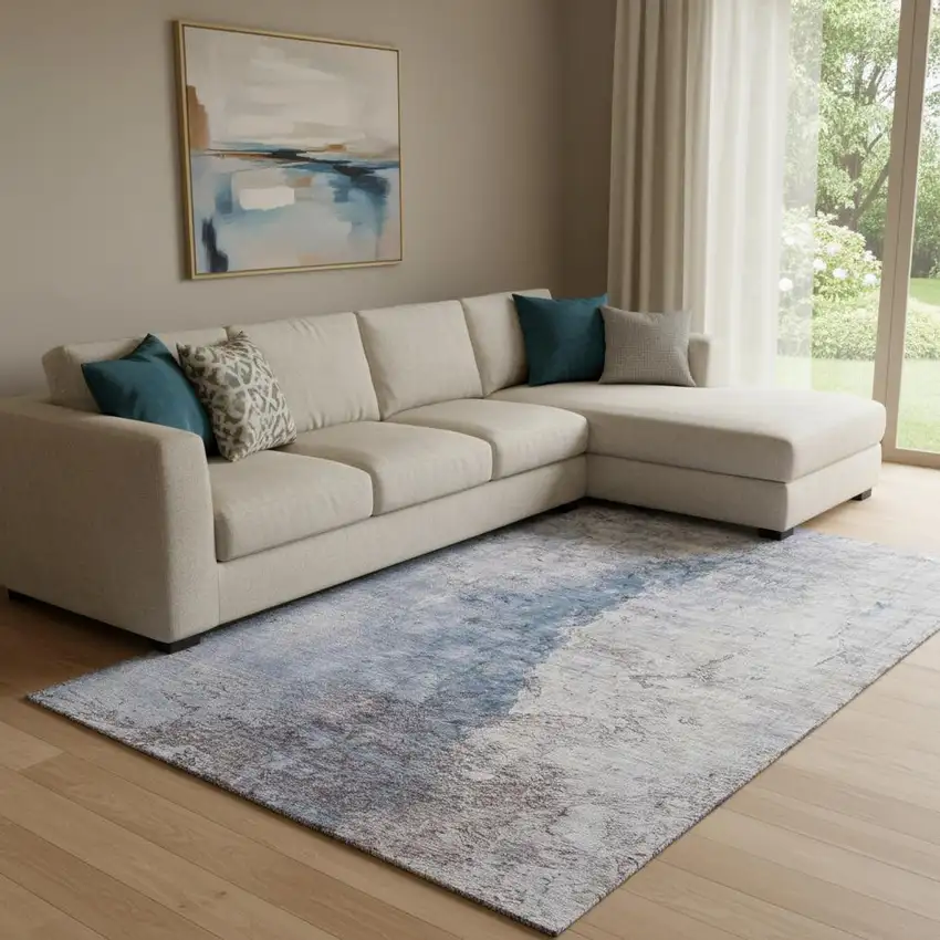 Blue Ivory And Gray Abstract Washable Area Rug With UV Protection Photo 1