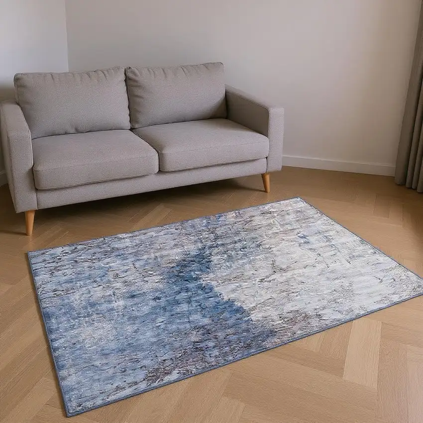 Blue Ivory And Gray Abstract Washable Area Rug With UV Protection Photo 2