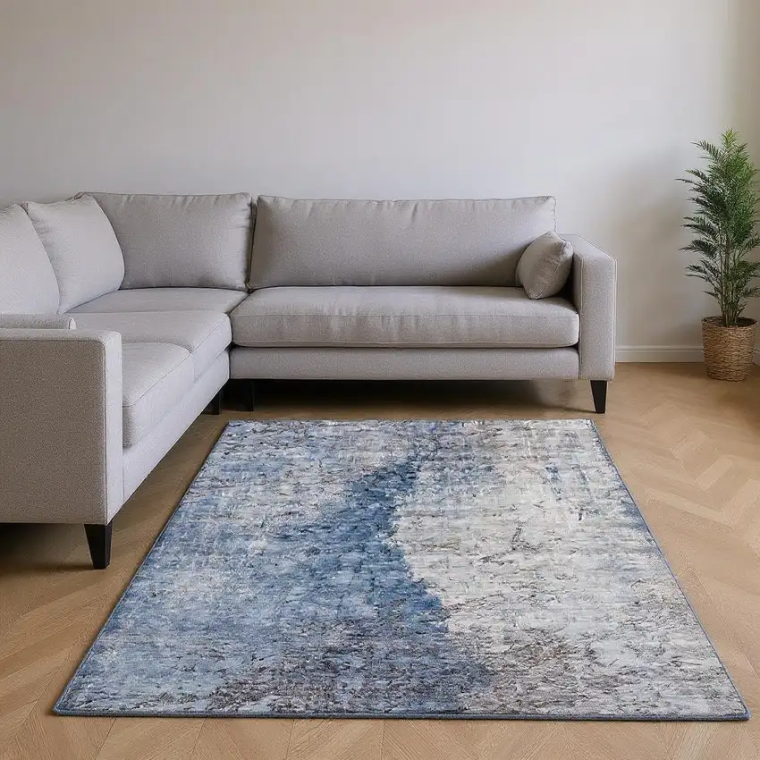 Blue Ivory And Gray Abstract Washable Area Rug With UV Protection Photo 2