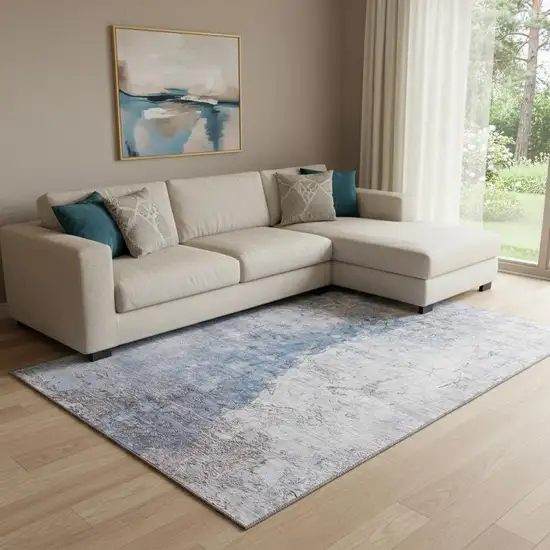 Blue Ivory And Gray Abstract Washable Area Rug With UV Protection Photo 1