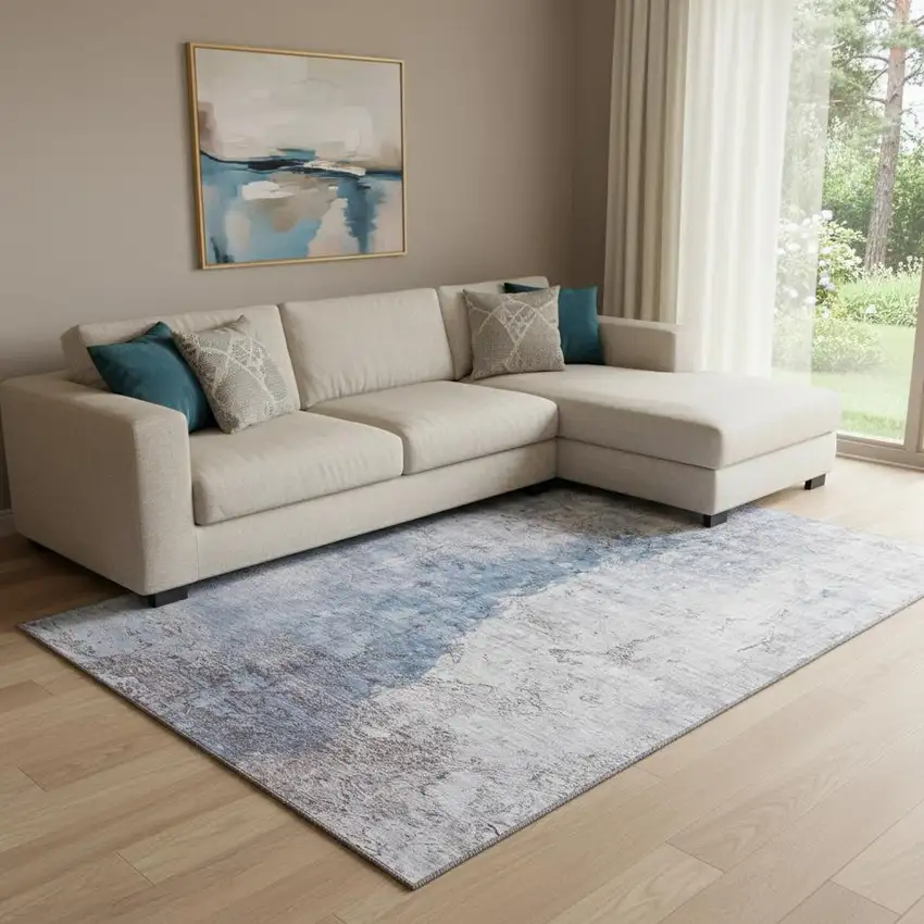 Blue Ivory And Gray Abstract Washable Area Rug With UV Protection Photo 1