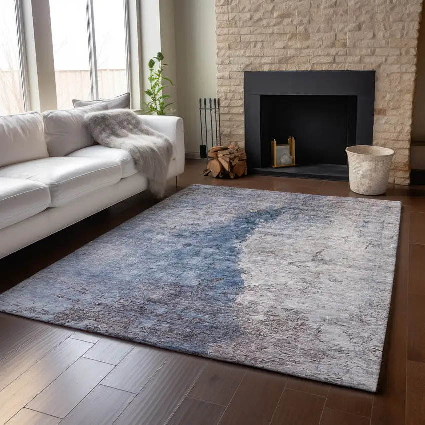 Blue Ivory And Gray Abstract Washable Area Rug With UV Protection Photo 6