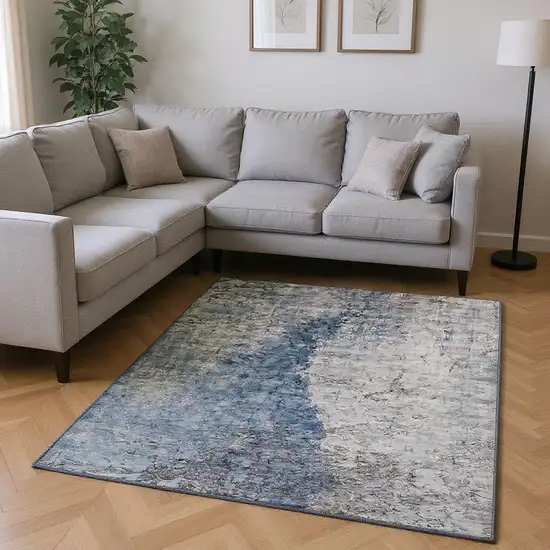 Blue Ivory And Gray Abstract Washable Area Rug With UV Protection Photo 2