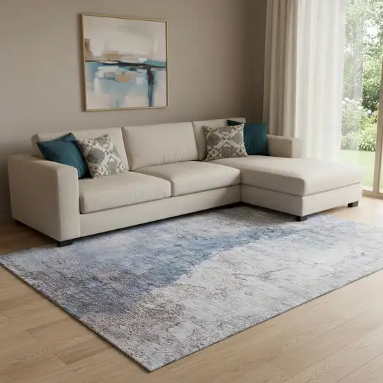 Blue Ivory And Gray Abstract Washable Area Rug With UV Protection Photo 1