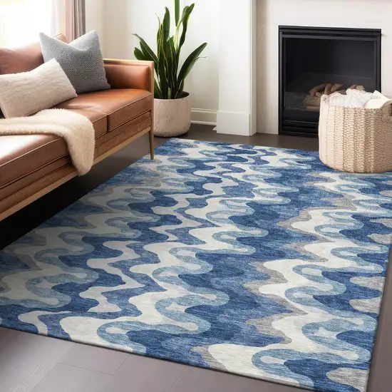 Blue Ivory And Gray Abstract Washable Area Rug With UV Protection Photo 5