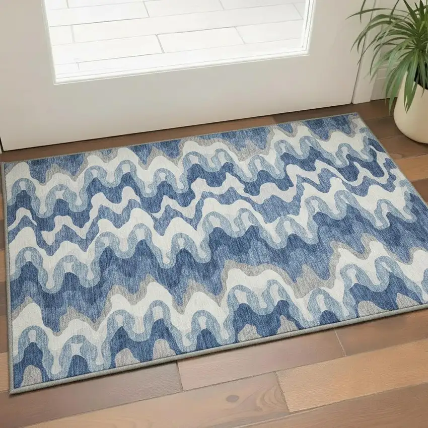 Blue Ivory And Gray Abstract Washable Area Rug With UV Protection Photo 2
