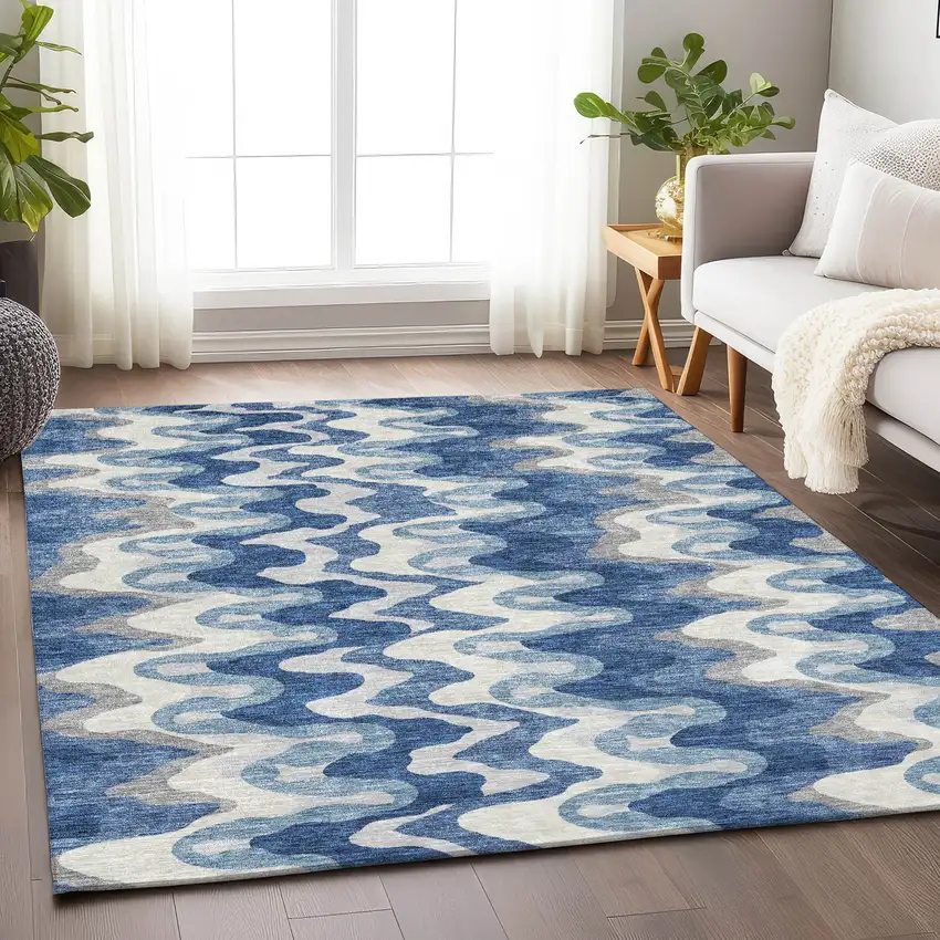 Blue Ivory And Gray Abstract Washable Area Rug With UV Protection Photo 4