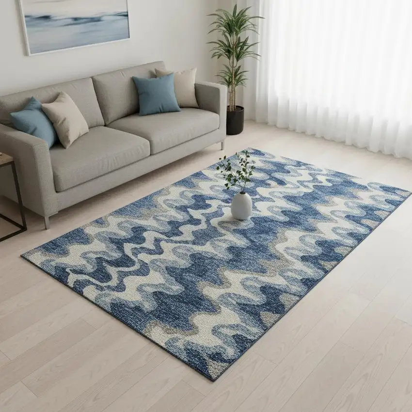 Blue Ivory And Gray Abstract Washable Area Rug With UV Protection Photo 2