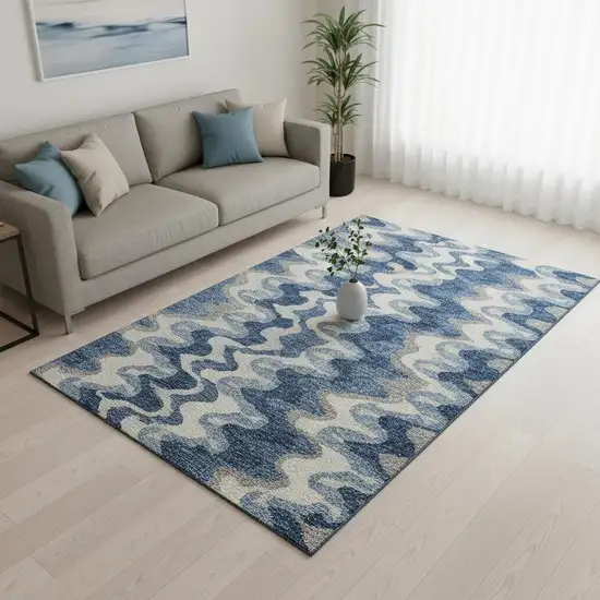 Blue Ivory And Gray Abstract Washable Area Rug With UV Protection Photo 2