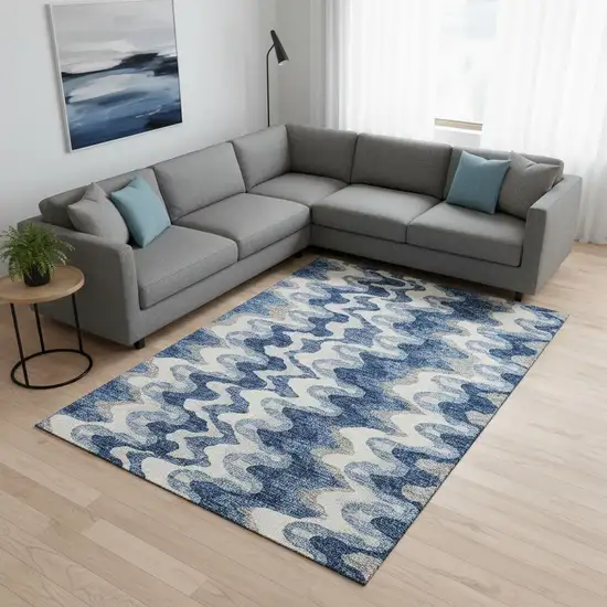 Blue Ivory And Gray Abstract Washable Area Rug With UV Protection Photo 2