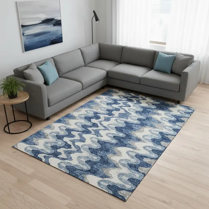 Blue Ivory And Gray Abstract Washable Area Rug With UV Protection Photo 2