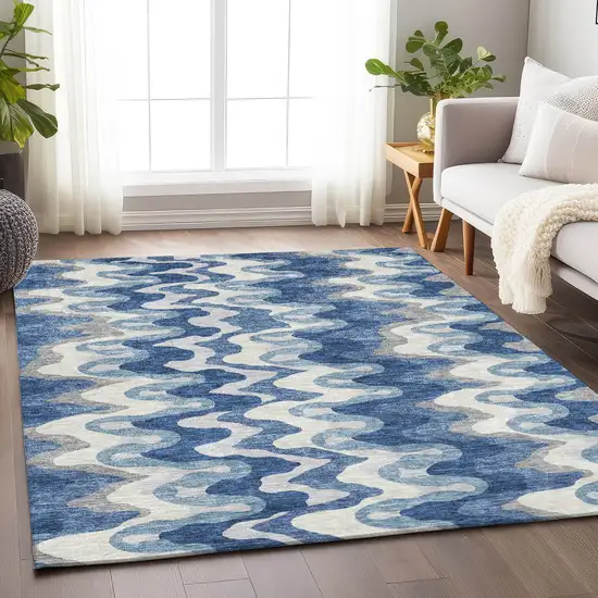 Blue Ivory And Gray Abstract Washable Area Rug With UV Protection Photo 5