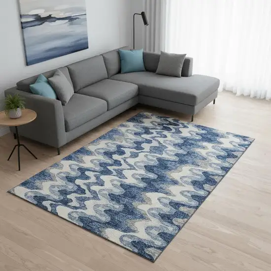 Blue Ivory And Gray Abstract Washable Area Rug With UV Protection Photo 2