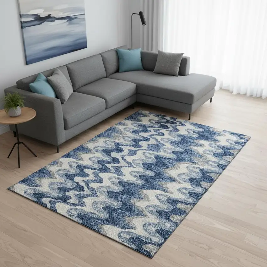 Blue Ivory And Gray Abstract Washable Area Rug With UV Protection Photo 2
