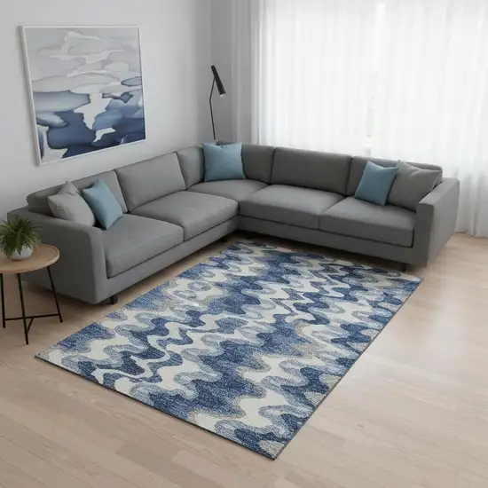 Blue Ivory And Gray Abstract Washable Area Rug With UV Protection Photo 2