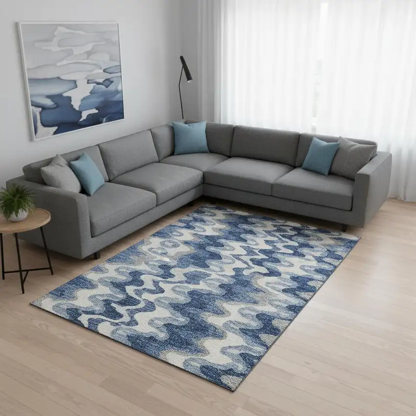 Blue Ivory And Gray Abstract Washable Area Rug With UV Protection Photo 2
