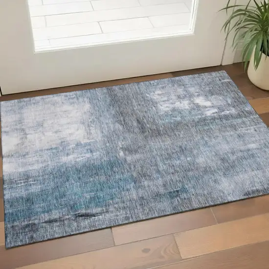 Blue Ivory And Gray Abstract Washable Area Rug With UV Protection Photo 1