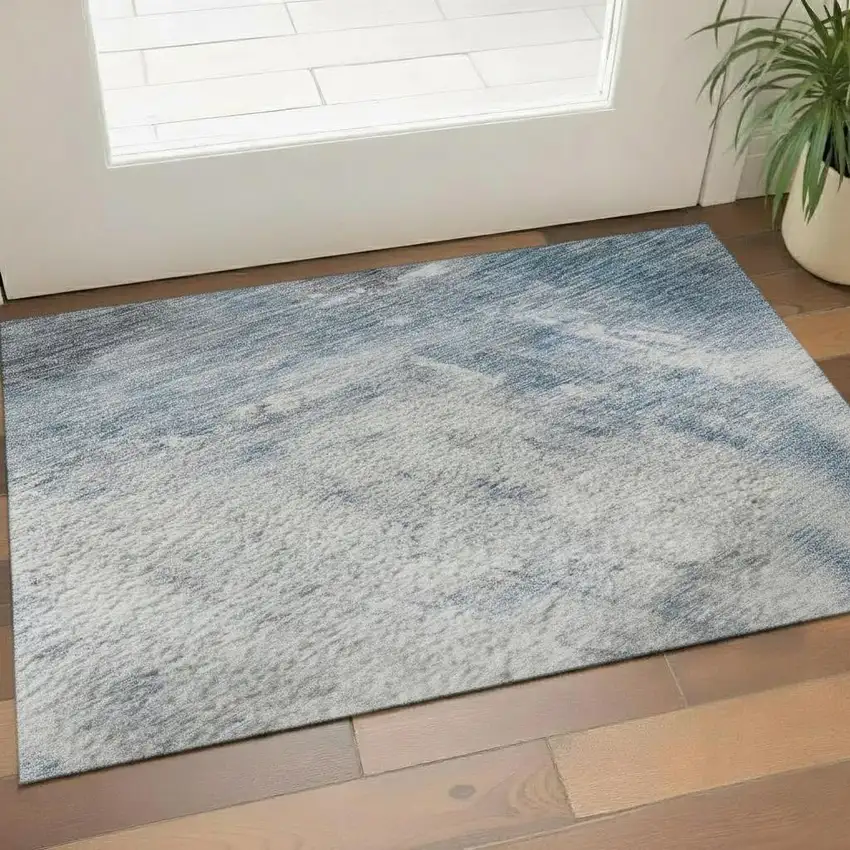 Blue Ivory And Gray Abstract Washable Area Rug With UV Protection Photo 2