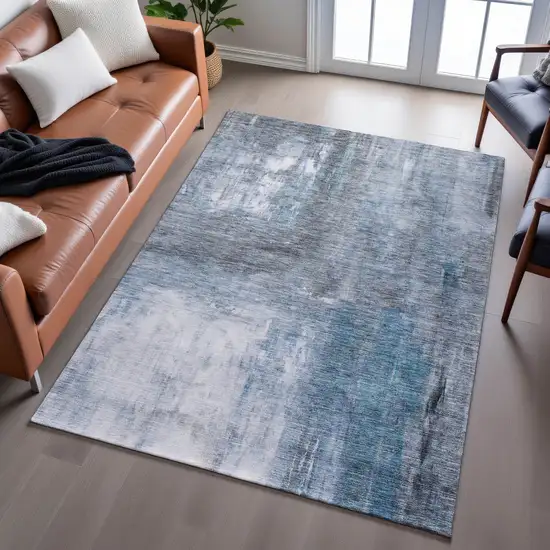 Blue Ivory And Gray Abstract Washable Area Rug With UV Protection Photo 4