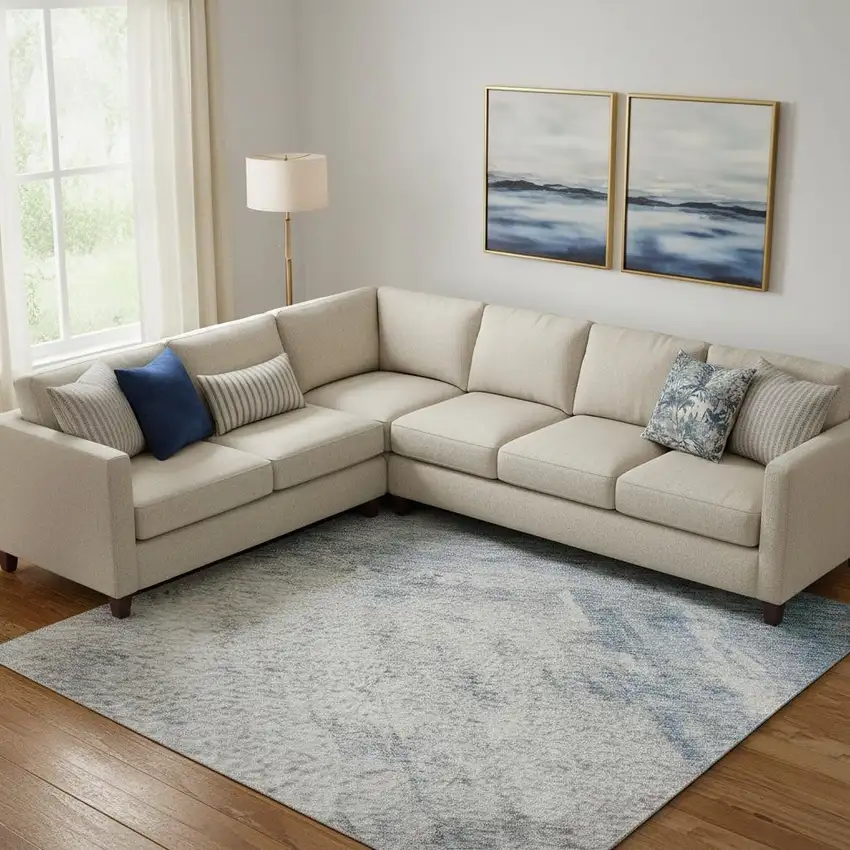 Blue Ivory And Gray Abstract Washable Area Rug With UV Protection Photo 2